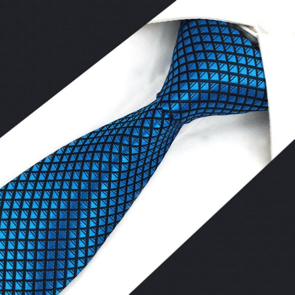 New Blue Black SKINNY Tie Diamonds Stripe Check Plaid Design 100% SILK TIE - Picture 5 of 5